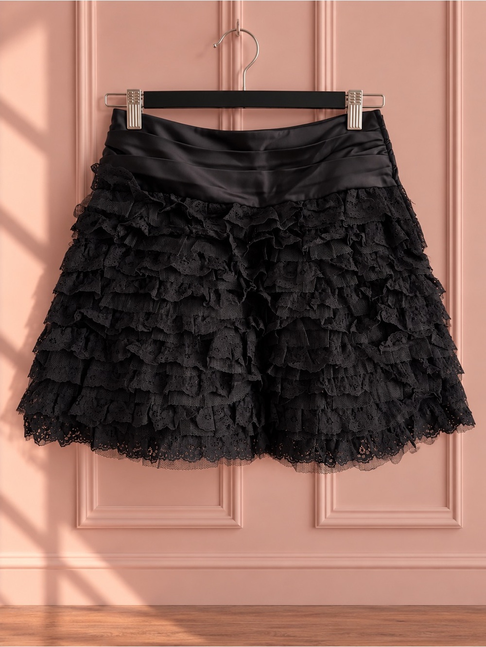 Vintage Betsey Johnson Black Ruffle Lace Mini Skirt Size 6